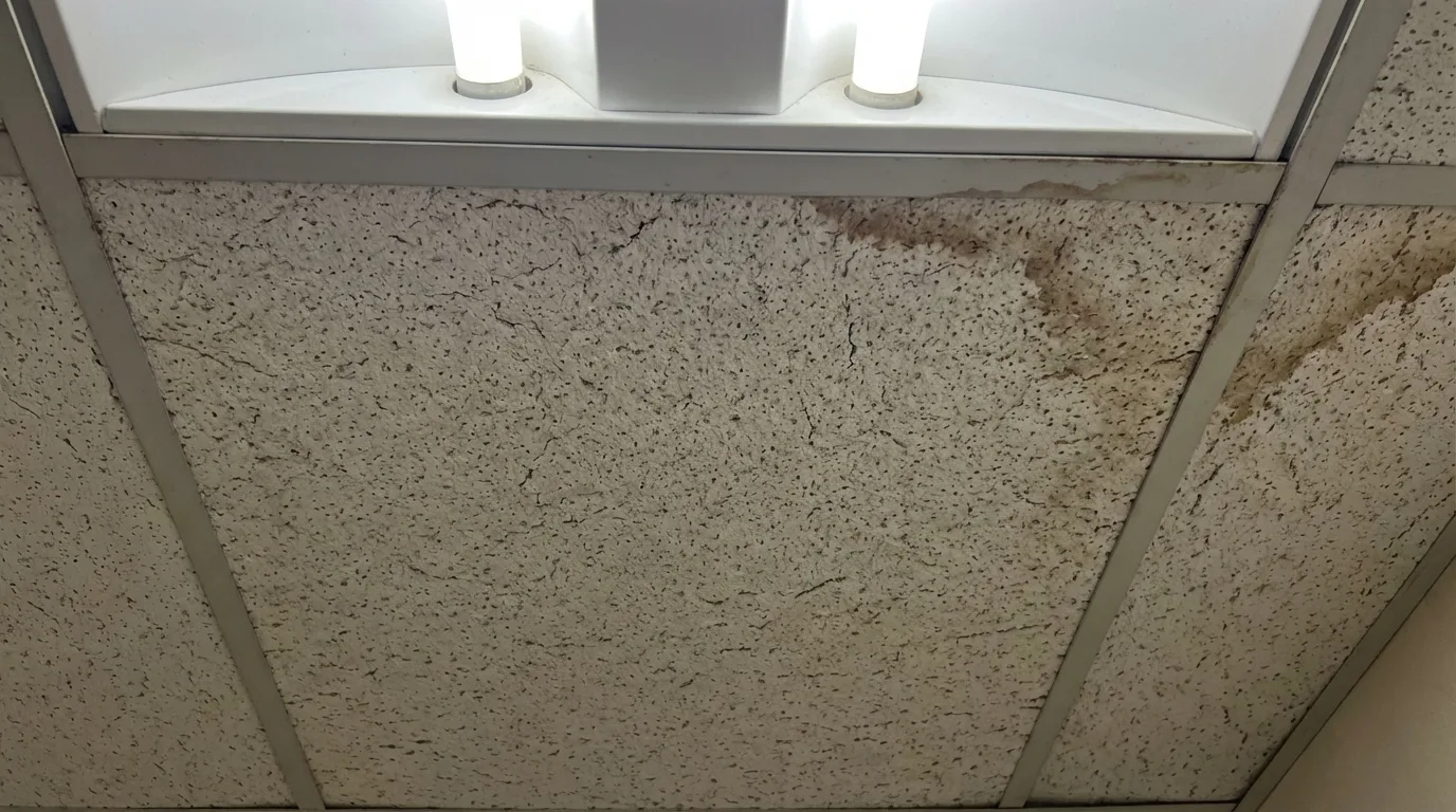 Asbestos drop ceiling tile showing brown water stain ring patterns from above-ceiling leak — water damage accelerates tile deterioration and fiber release