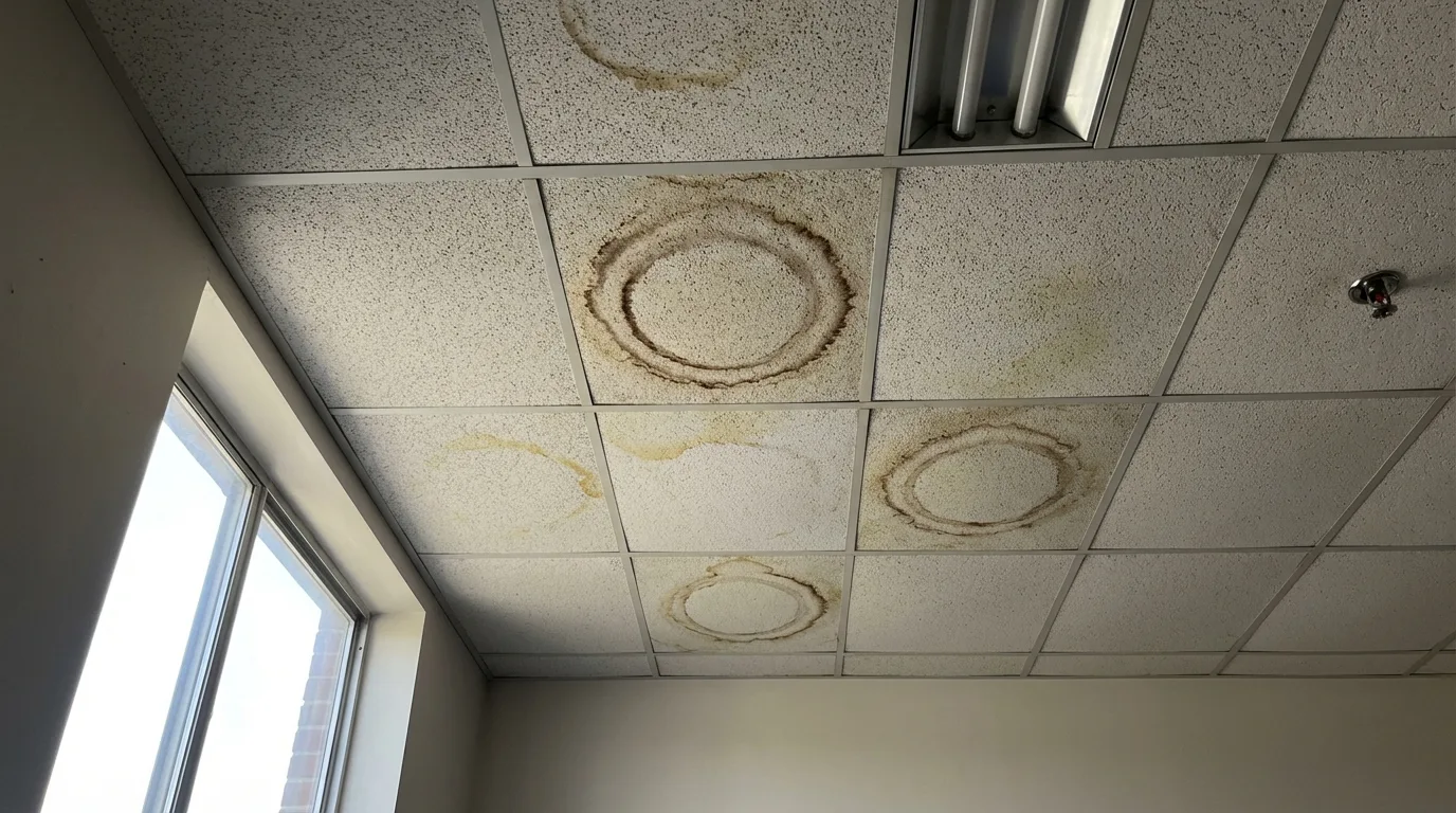 Drop ceiling with multiple asbestos tiles showing concentric brown water damage ring stains across several tiles