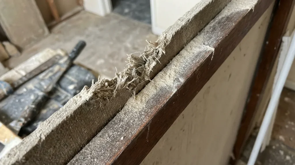 Broken edge of an asbestos cement panel during renovation showing exposed mineral fibers — the dense fibrous composition of Transite panels is visible at the fracture point with fiber dust on surrounding surfaces