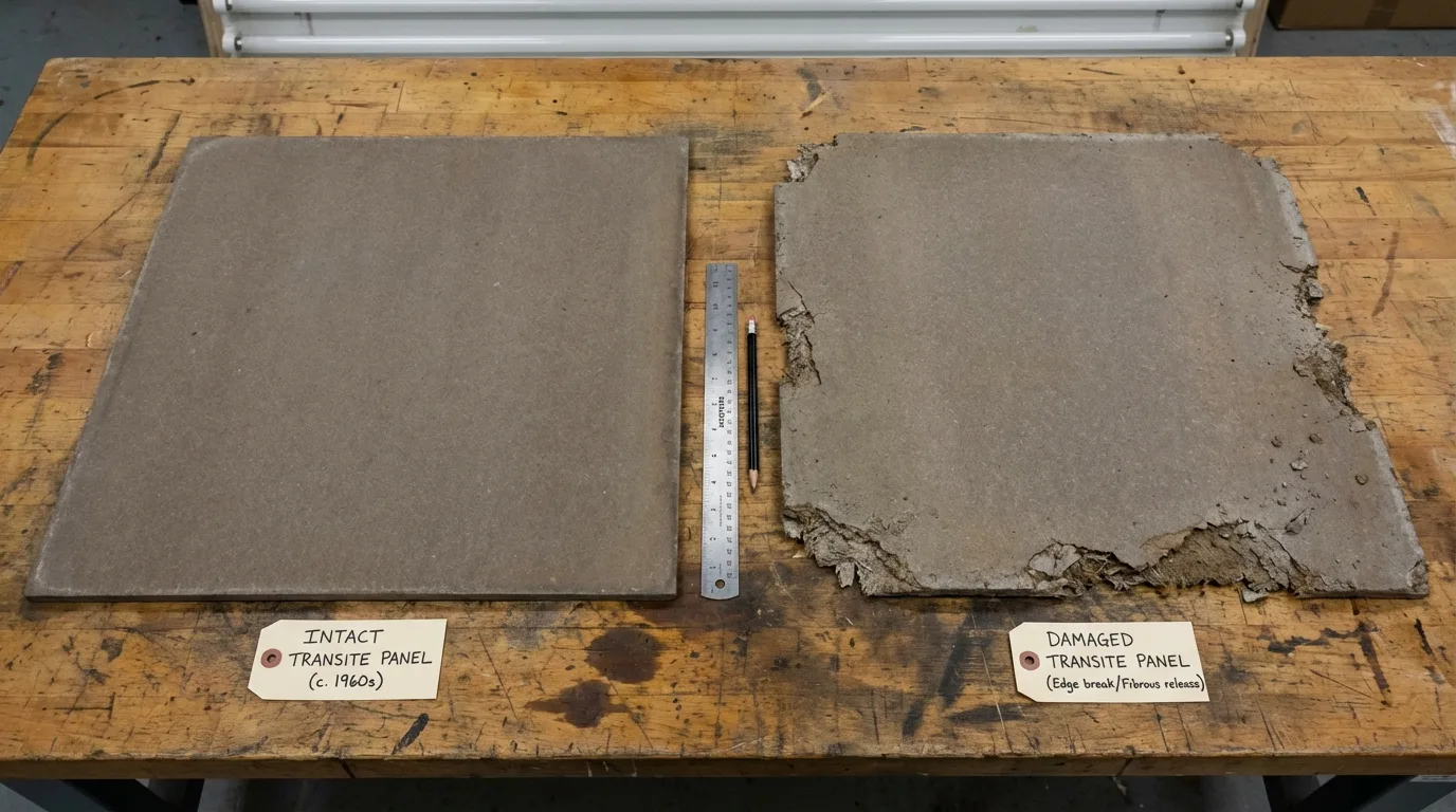 Side-by-side view of asbestos cement panels showing the thickness profile and layer composition of Transite siding material