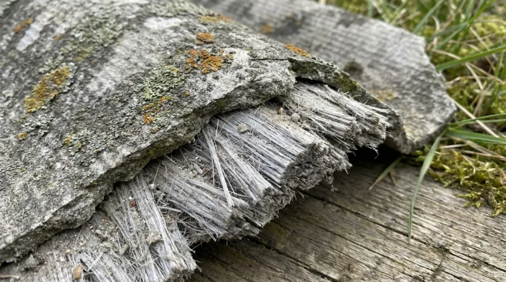 Asbestos cement panel showing spalling and edge damage where the cement matrix has fractured and separated, exposing the fibrous interior