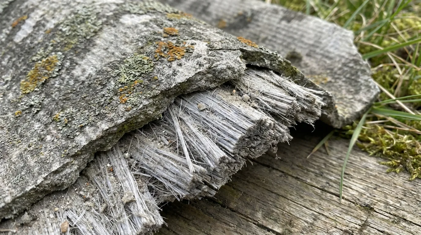 Asbestos cement panel showing spalling and edge damage where the cement matrix has fractured and separated, exposing the fibrous interior