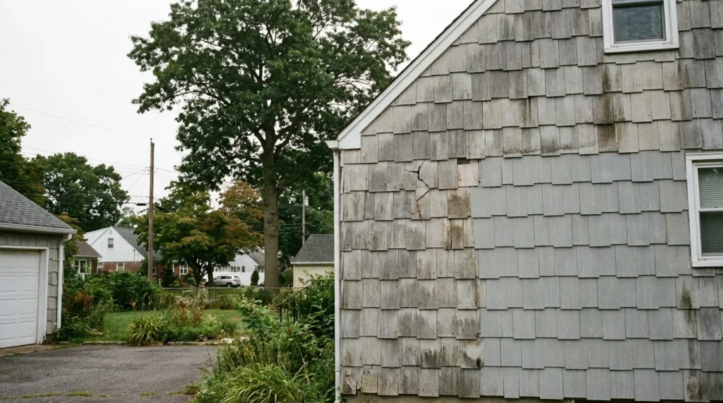 Long Island cape cod house exterior showing original asbestos cement shingle siding with a cracked panel and weathered gray surface — the typical appearance of Transite siding on postwar Nassau County homes