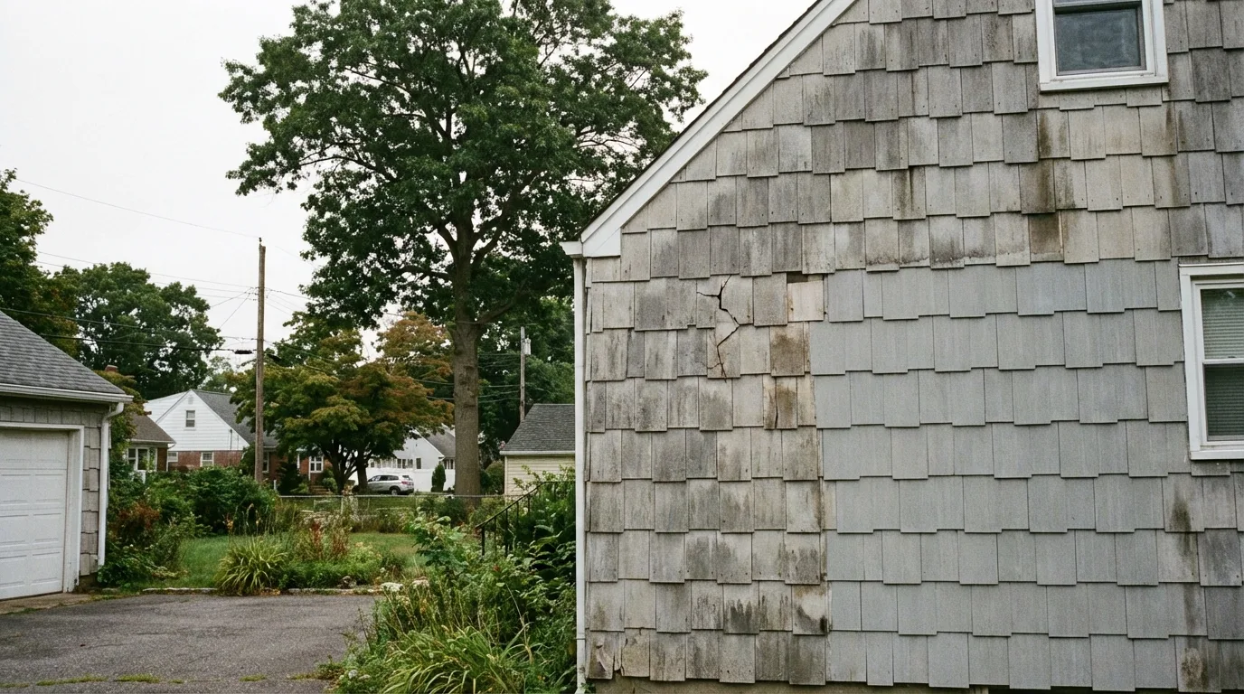 Long Island cape cod house exterior showing original asbestos cement shingle siding with a cracked panel and weathered gray surface — the typical appearance of Transite siding on postwar Nassau County homes