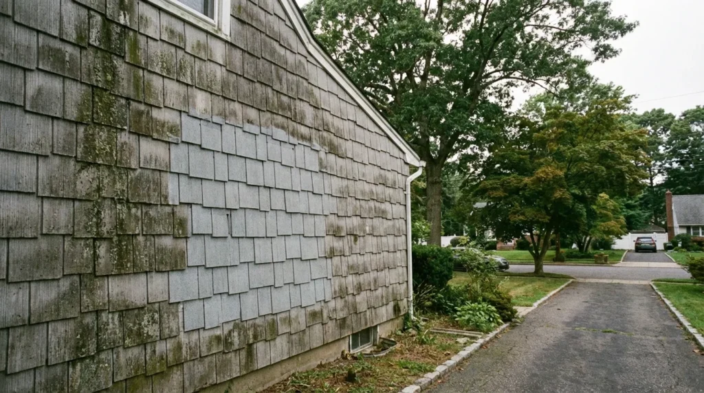 Weathered gray asbestos cement shingles on a postwar Long Island home showing the aged surface texture and lichen growth characteristic of Transite siding