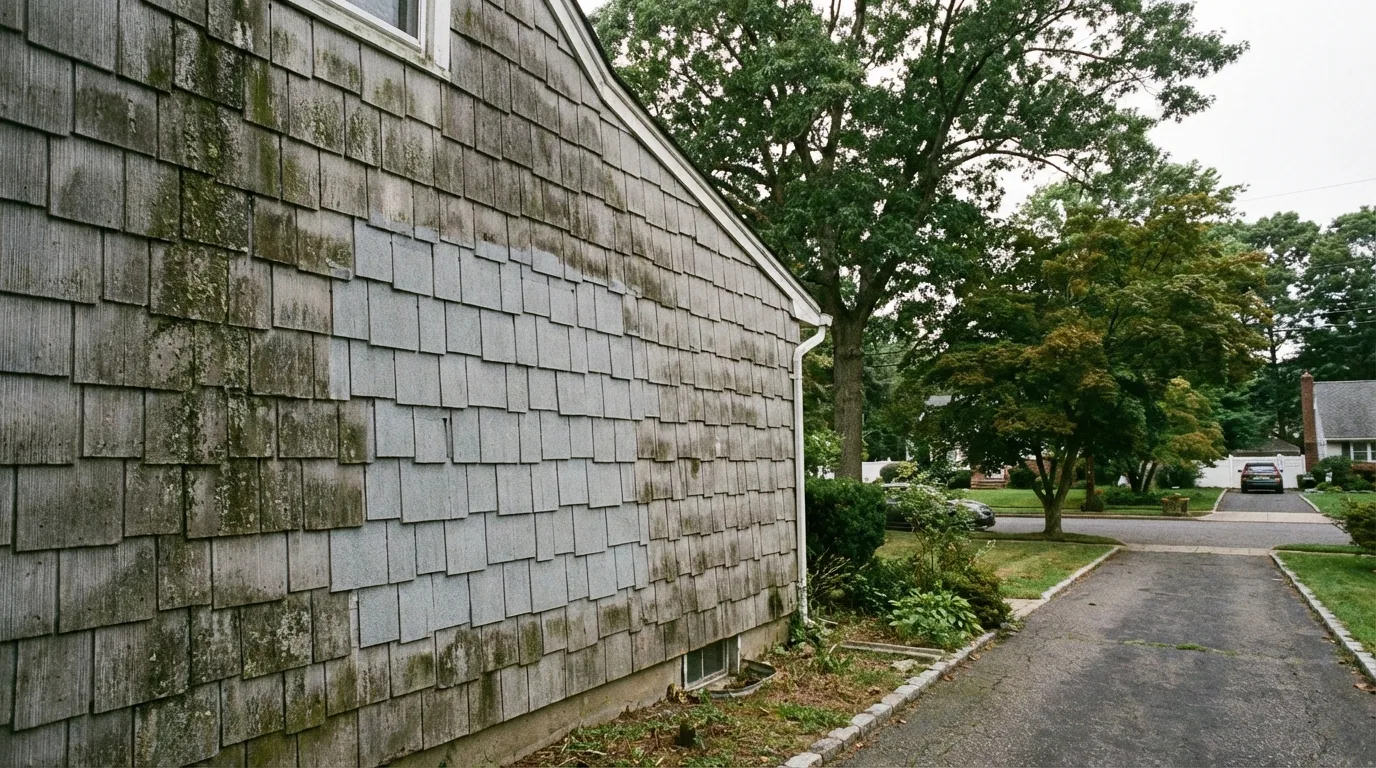Weathered gray asbestos cement shingles on a postwar Long Island home showing the aged surface texture and lichen growth characteristic of Transite siding