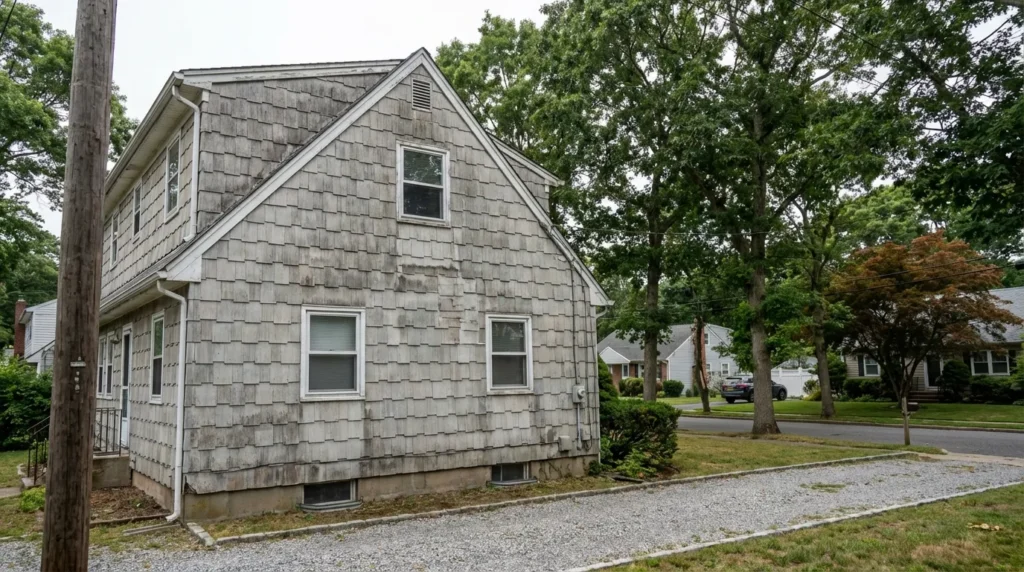 Exterior view of a Long Island suburban home with original asbestos cement shingle siding showing the weathered gray color and uniform panel pattern