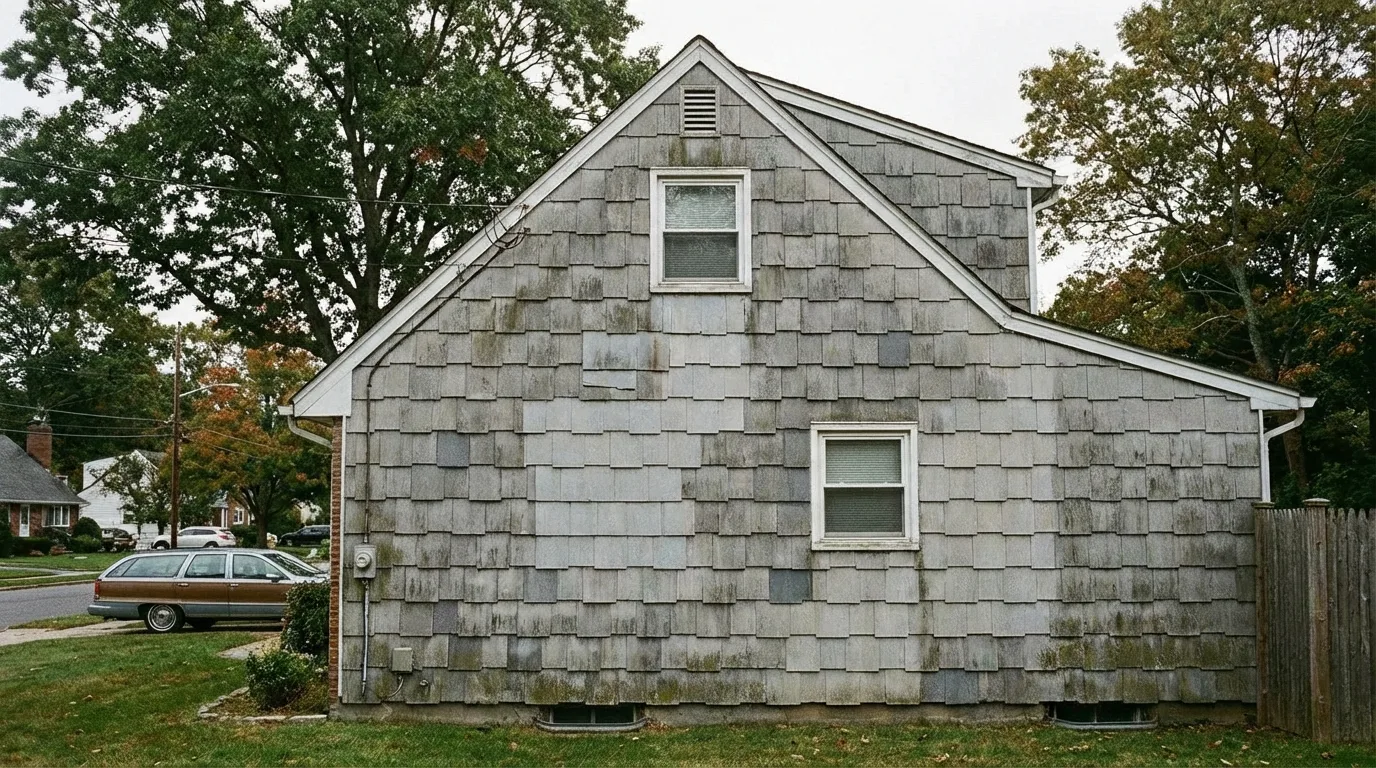 Asbestos cement siding panels on a Long Island suburban home showing the flat fibrous cement texture and screw nail fastening pattern