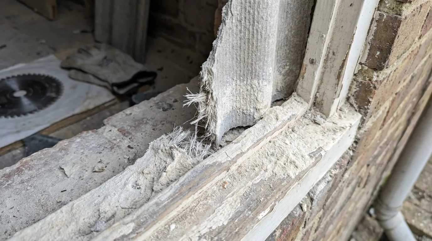 Asbestos cement siding panel during removal showing the fibrous break and asbestos dust on the surrounding wood framing