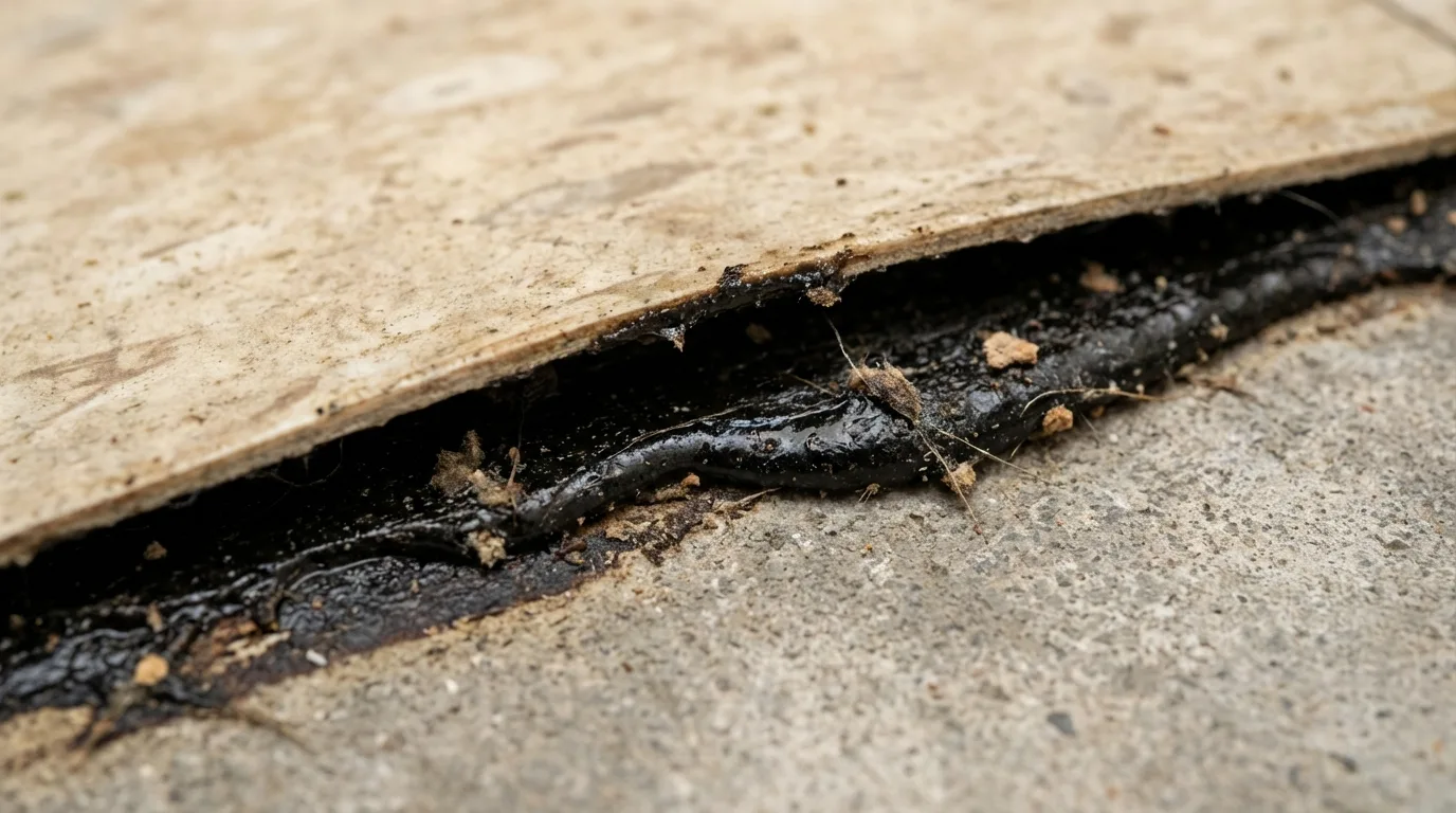 Asbestos floor tile being lifted from concrete subfloor showing the black cutback mastic adhesive underneath