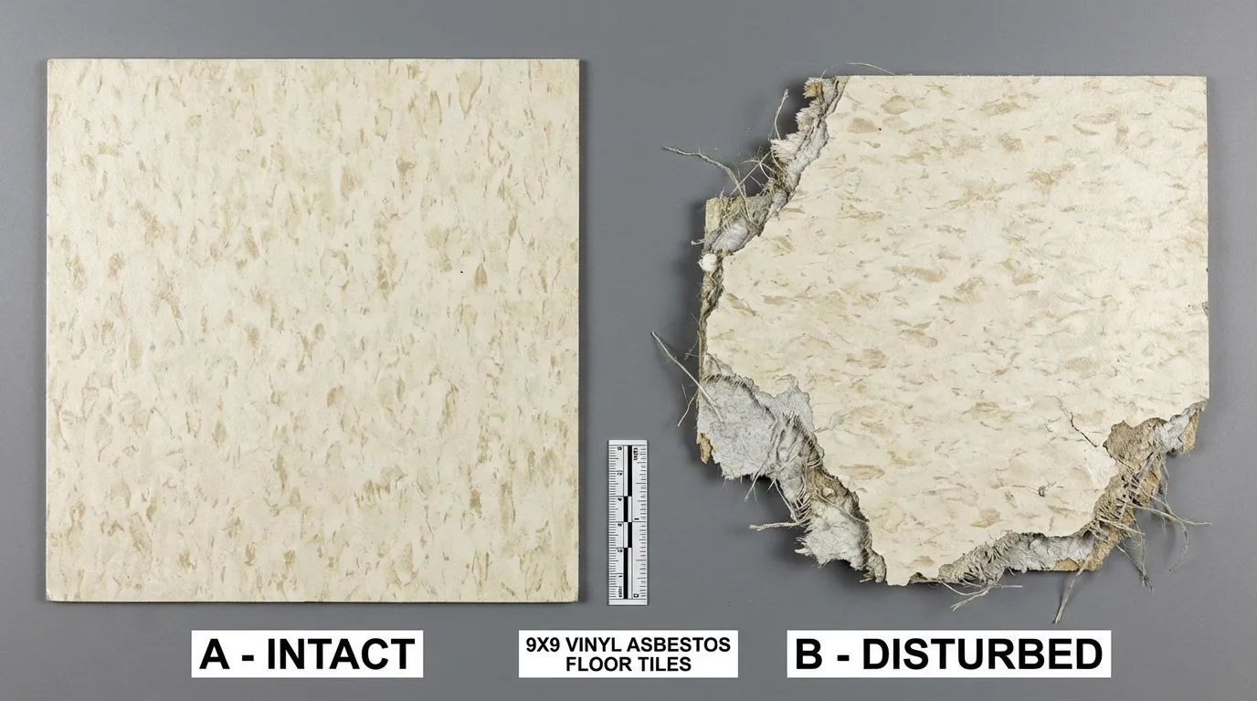 Side-by-side comparison of intact and disturbed 9x9 vinyl asbestos floor tile showing fiber exposure when tile is broken