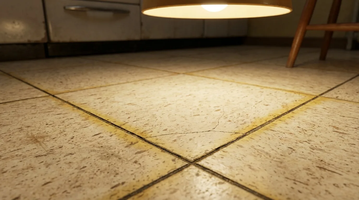 9x9 inch asbestos vinyl floor tiles in a 1950s Long Island kitchen showing cracking and yellowing at the grout lines