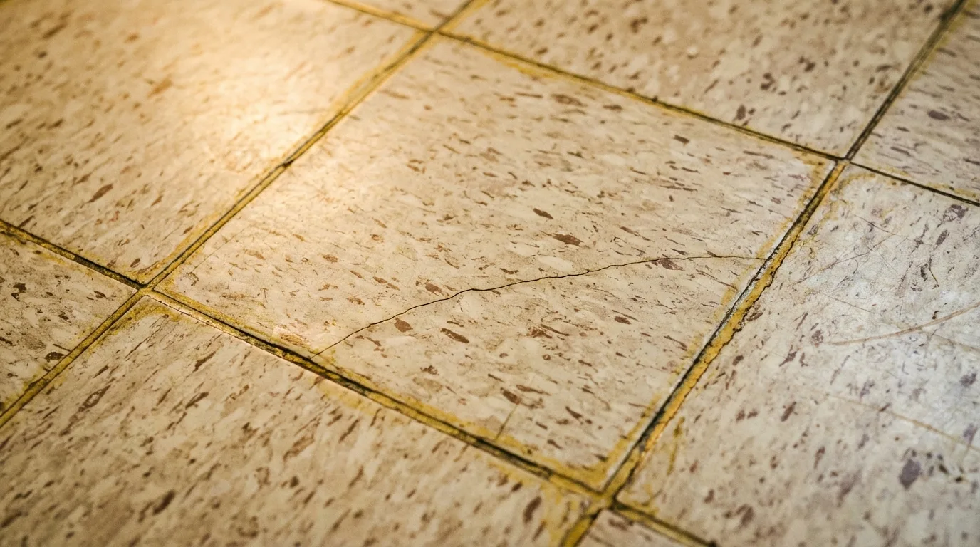 Close detail of cracked asbestos floor tiles showing surface deterioration and grout line darkening