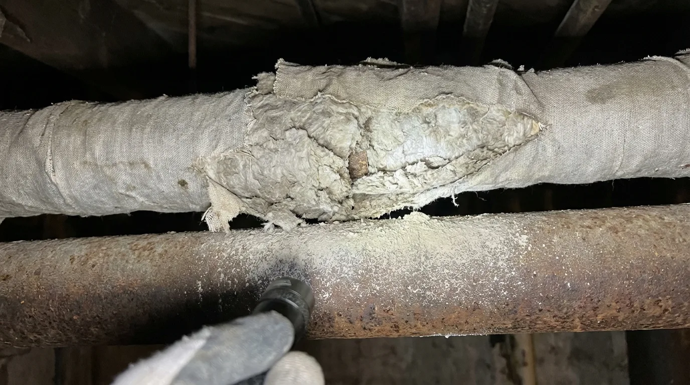 Asbestos pipe insulation breach with white asbestos powder fallout visible on lower pipe below the damage
