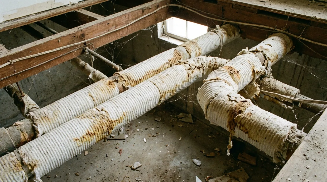 Asbestos pipe insulation on crossing basement pipes showing brown staining and surface cracking pattern