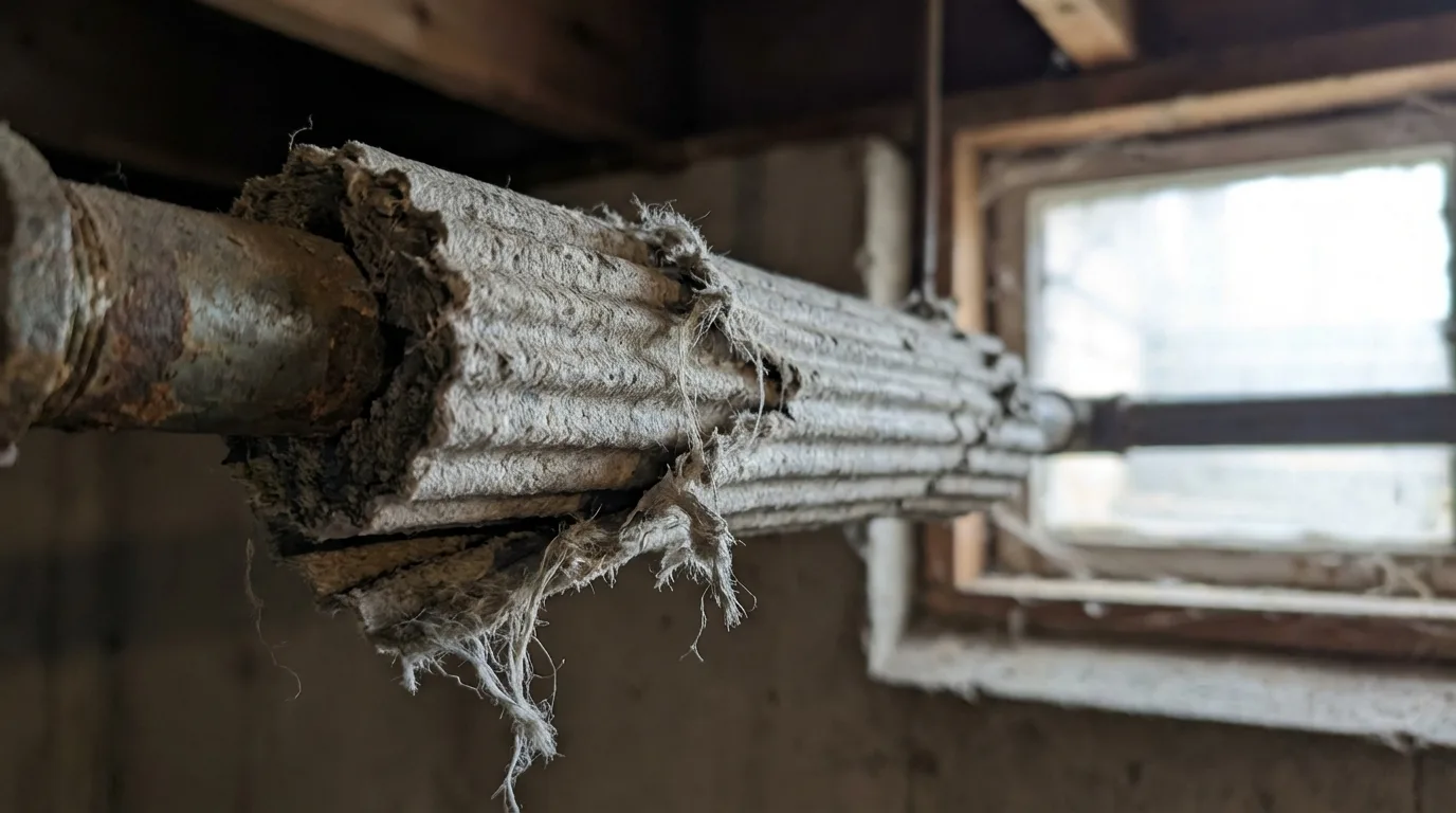 Close-up of deteriorating asbestos pipe insulation showing fraying fibers on a steam pipe in a Long Island basement
