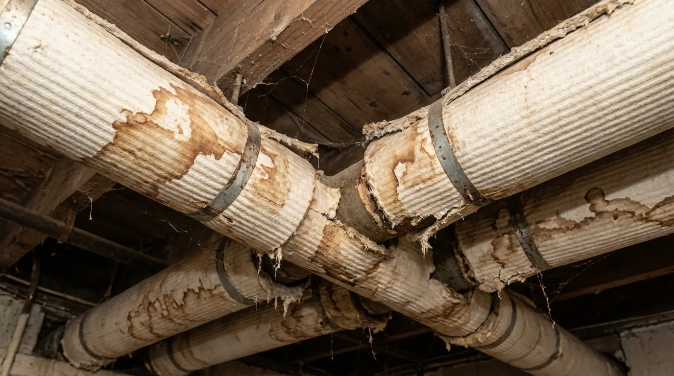 Overhead view of multiple asbestos-insulated pipes running along a basement ceiling showing corrugated wrap deterioration
