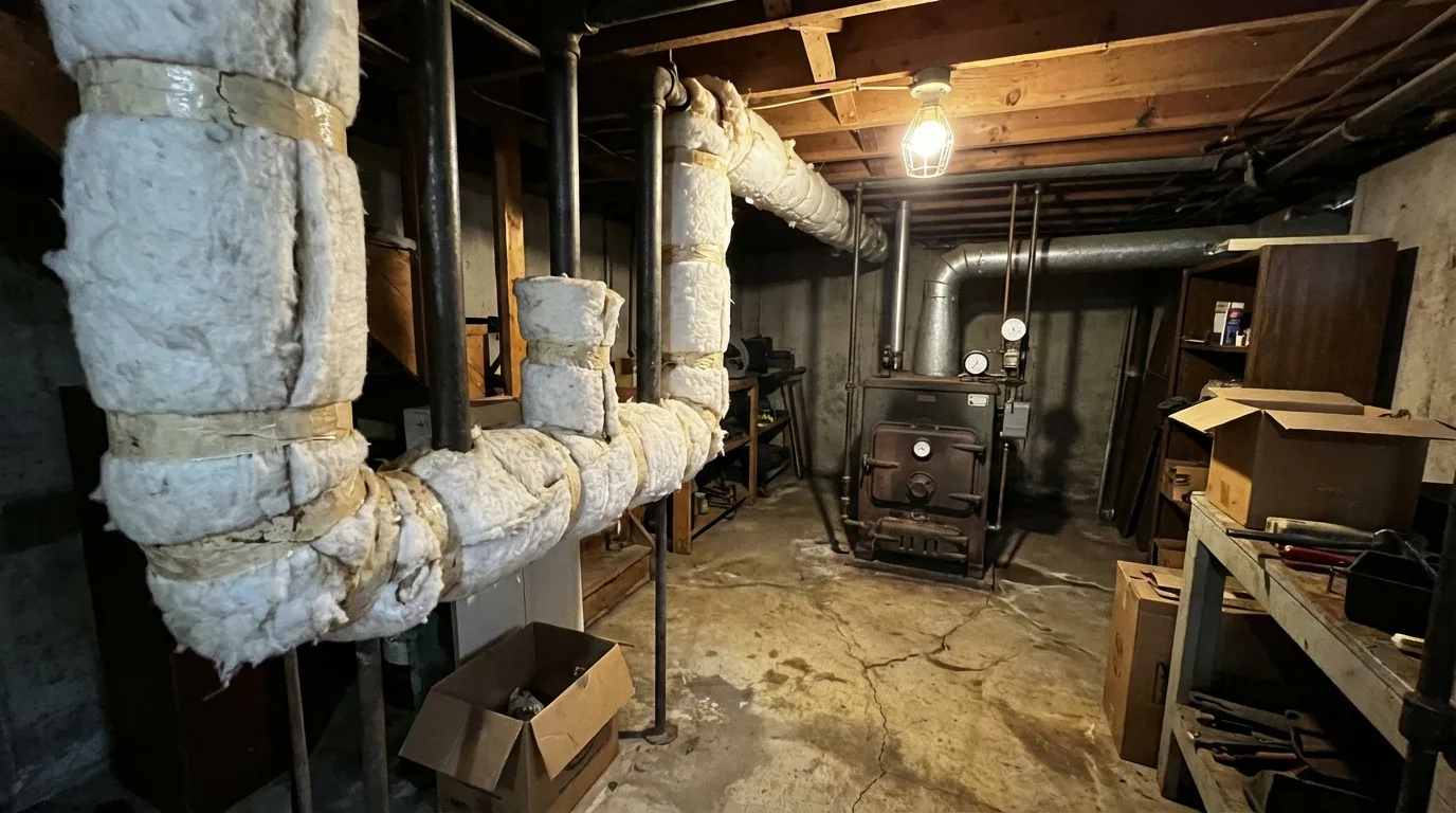 Wide view of a Long Island basement mechanical room with asbestos-wrapped steam pipes and old boiler
