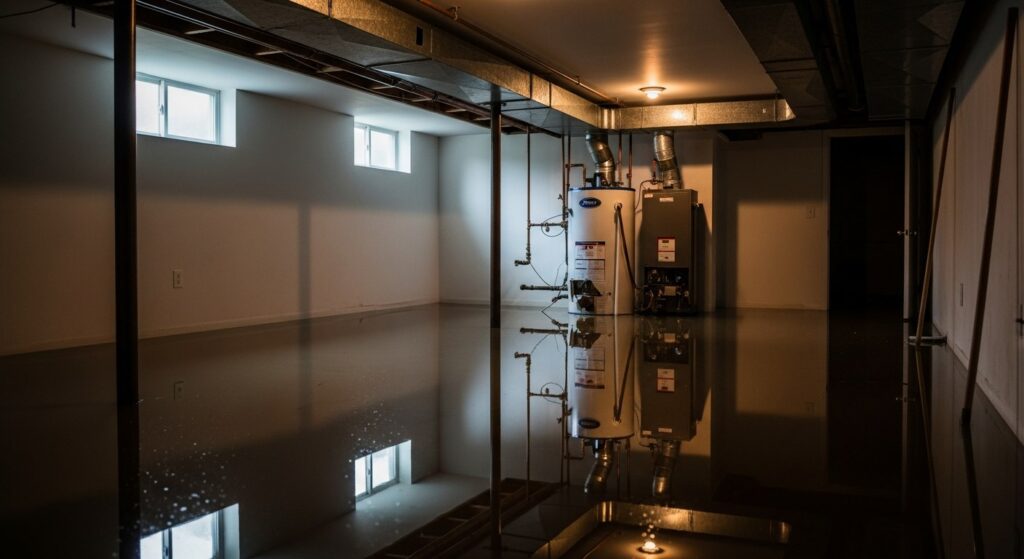 Flooded residential basement in Nassau County with standing water and damaged utilities