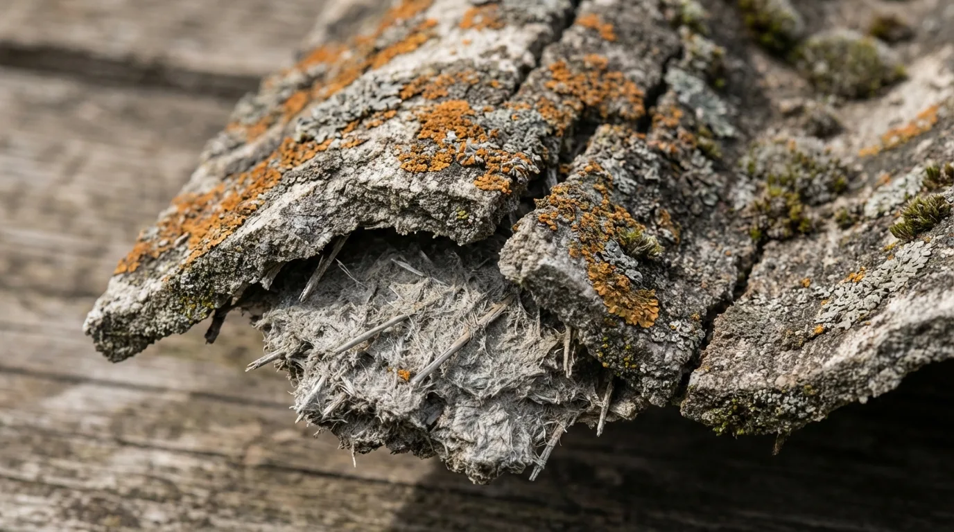 Cracked asbestos cement shingle with lichen and moss growth showing fibrous mineral interior exposed at the crack