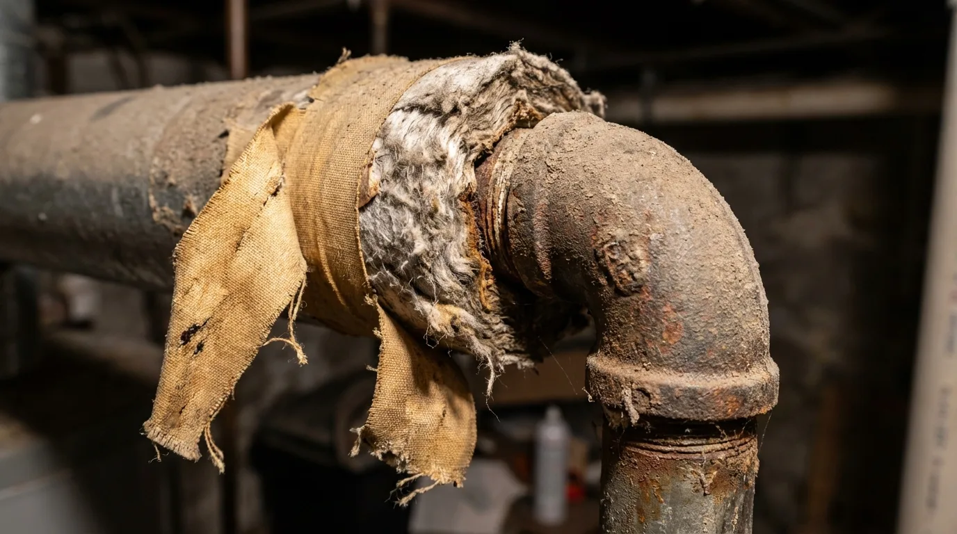 Damaged asbestos pipe insulation at elbow joint showing canvas tape peeling and fibrous core exposed