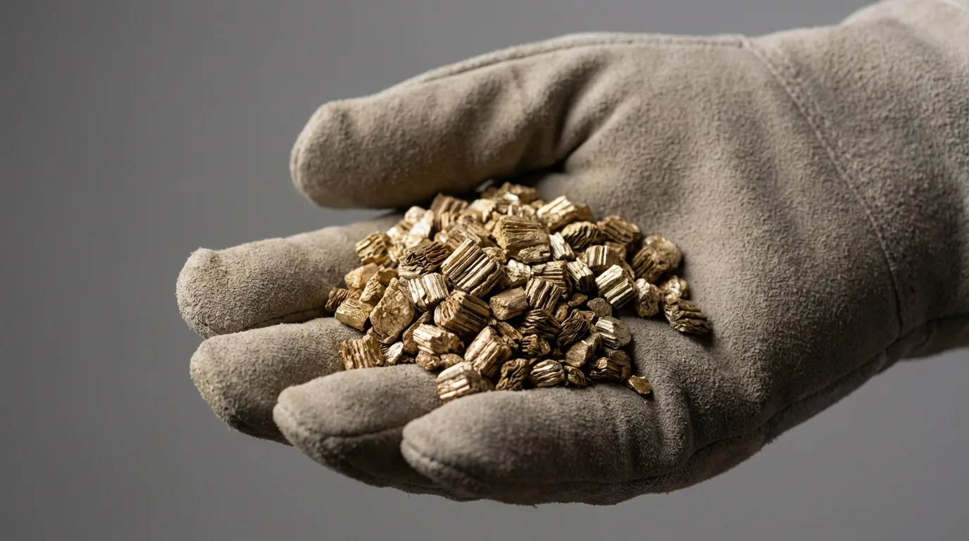 Gloved hand holding a sample of vermiculite pebbles showing the accordion layered structure and gold-brown color