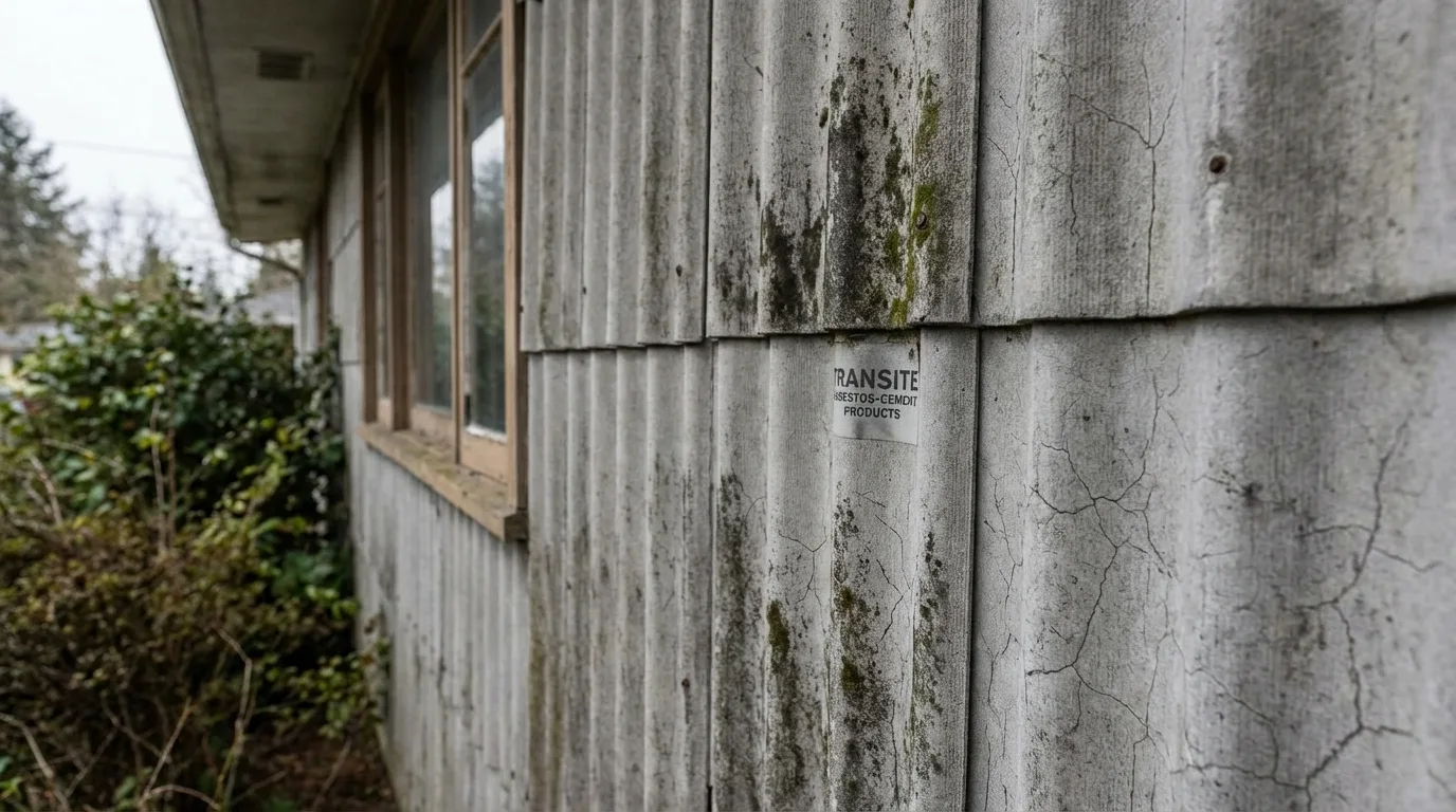 Transite asbestos-cement siding panels with Transite Asbestos-Cement Products label still visible on the panel