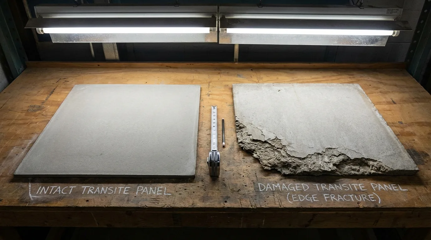 Labeled workbench comparison of intact Transite asbestos cement panel versus damaged panel with edge fracture