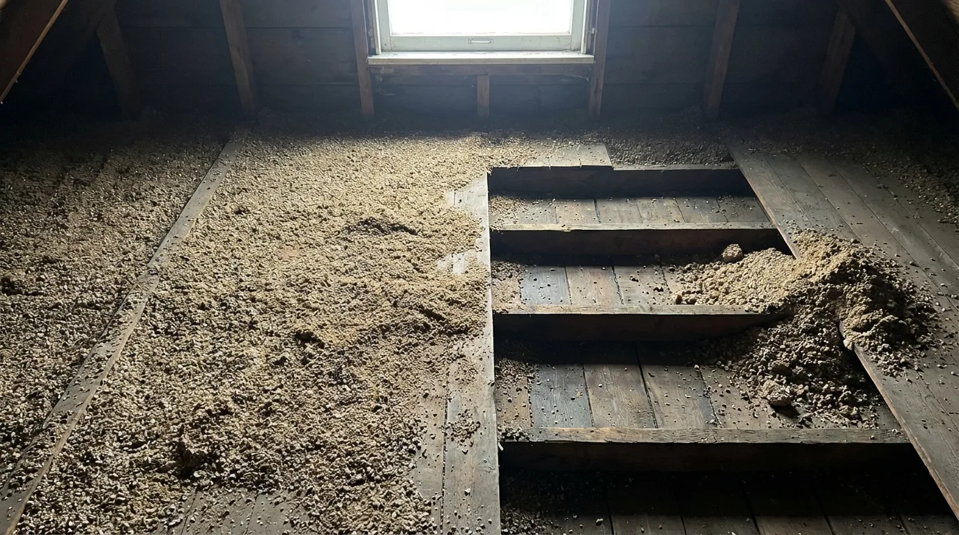 Disturbed vermiculite attic insulation showing exposed wood joists where the insulation has been moved