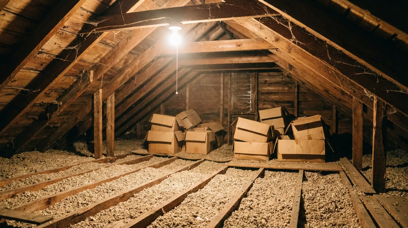 Vermiculite attic insulation covering the full floor between wood joists in a Long Island home showing the typical gray-silver pebble coverage depth