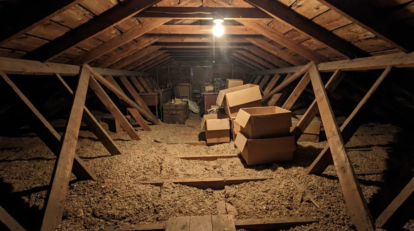 Wide shot of a Long Island attic with vermiculite insulation covering the floor between joists with cardboard boxes stored on top