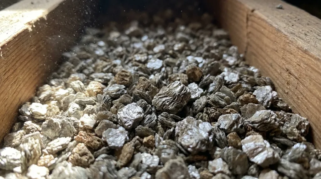 Close-up of vermiculite attic insulation showing the irregular pebble texture and gold-brown color of the individual particles across attic floor joists