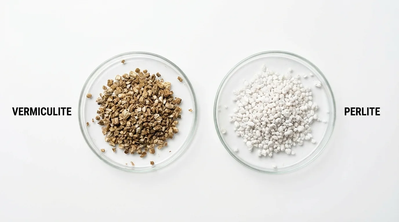 Labeled side-by-side comparison of vermiculite insulation brown layered pebbles versus perlite white rounded granules