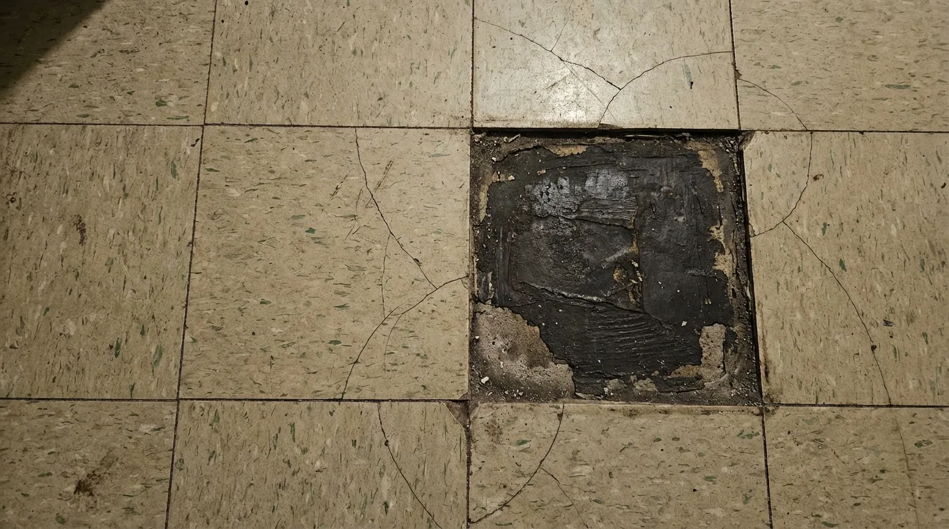 Worn asbestos floor tiles with one missing tile exposing black cutback mastic adhesive beneath