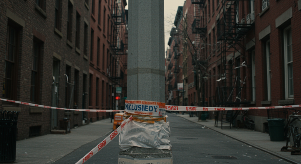 City alley blocked off by red-and-white caution tape wrapped around a concrete pole and plastic-wrapped base