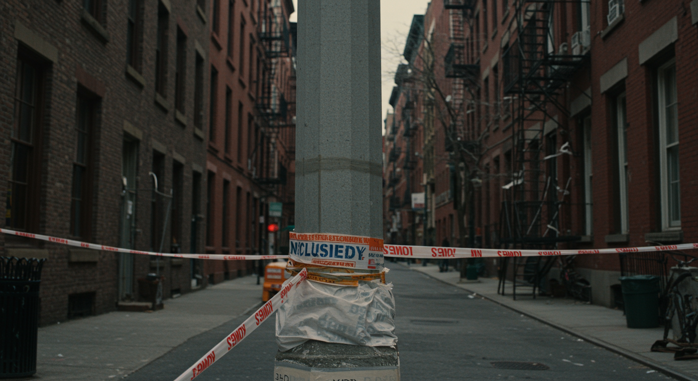 City alley blocked off by red-and-white caution tape wrapped around a concrete pole and plastic-wrapped base