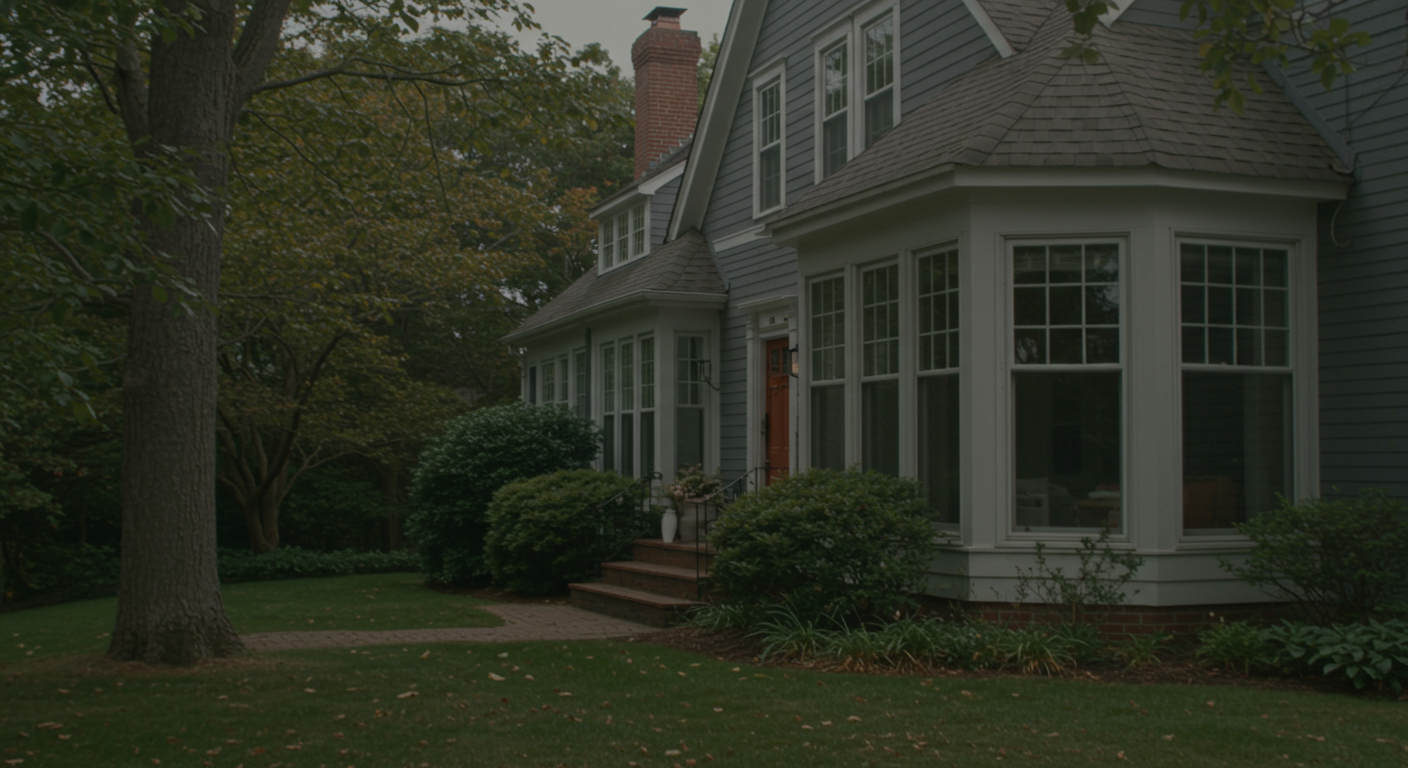 Front view of a gray house with bay windows, a brick chimney, and trimmed shrubs along a green lawn.