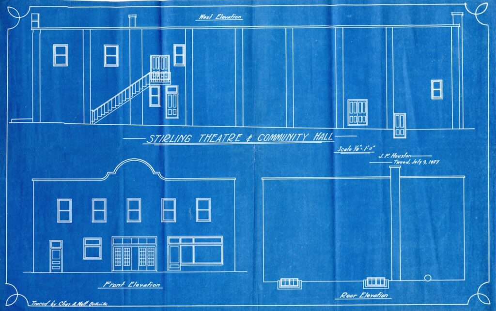 Blueprint blueprint style drawing of stirling theatre & community hall showing front west elevation and rear elevation details with doors and windows labeled
