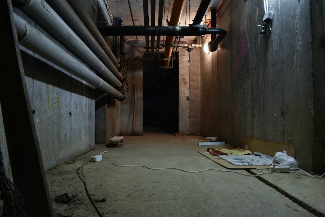 Underground utility corridor with exposed pipes along concrete walls and a single light fixture.