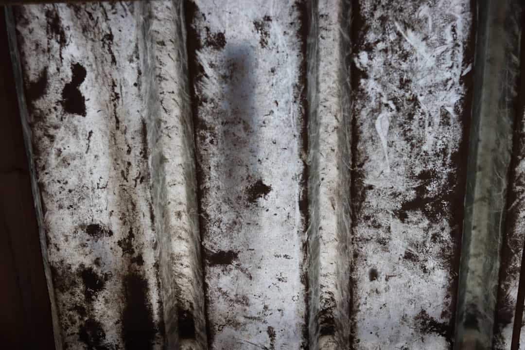 Close-up of four vertical, heavily corroded metal pipes with white rust and dark brown spots.